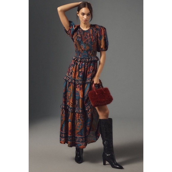 FARM Rio Dresses & Skirts - Farm Rio Anthropologie Smocked Maxi Dress Black Motif Tropical Puff Sleeve XS